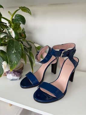 Stuart Weitzman Navy Patent Leather Ankle-Strap Heels